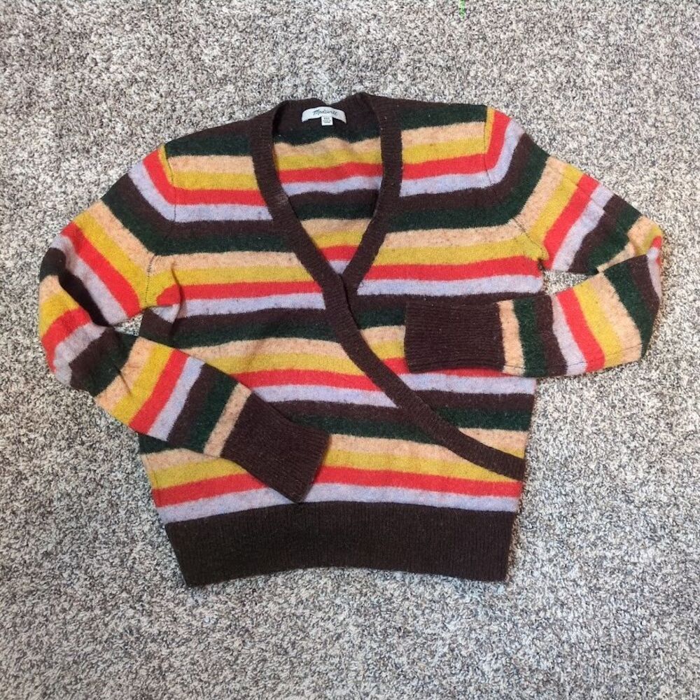 Madewell Wrap-Front Pullover Sweater Colorful Stripe AD228 Alpaca Blend Size XXS
